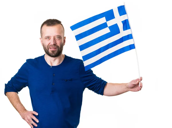 Homem Com Bandeira Acenando Grego Símbolo Nacional Grécia Isolado Branco — Fotografia de Stock