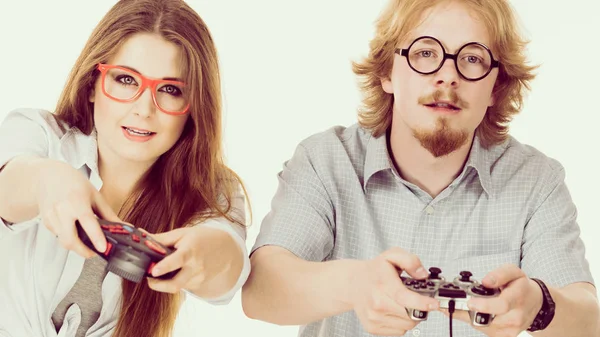Very Emotional Couple Enjoying Leisure Time Playing Video Games Together — Stock Photo, Image