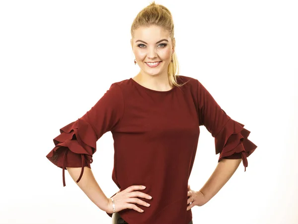 Happy Stylish Woman Wearing Top Long Sleeve Decorated Massive Flounces — Stock Photo, Image