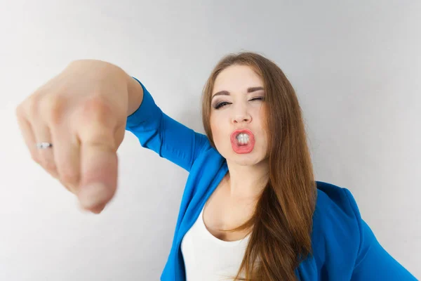 Jonge Tiener Vrouw Met Grappige Gezicht Expressie Gezicht Close Van — Stockfoto