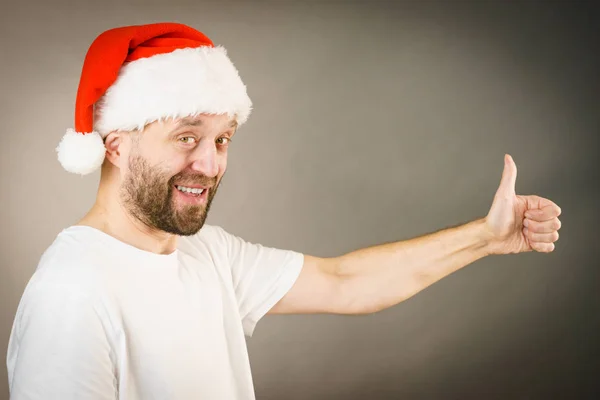 Santa Claus Kalap Hüvelykujjával Felfelé Jele Szürke Másol Hely Amely — Stock Fotó