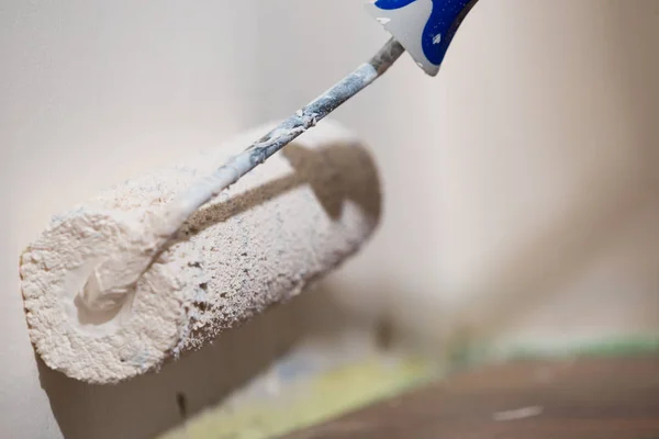 Pessoa Aplicando Tinta Parede Usando Escova Rolo Conceito Renovação Casa — Fotografia de Stock