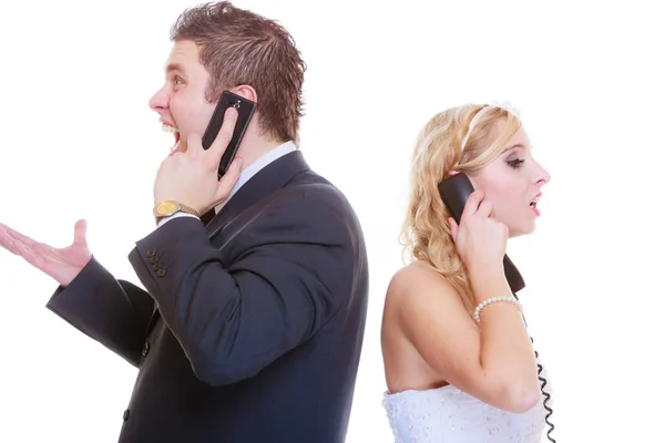 Relationship Problems Troubles Concept Groom Bride Calling Each Other Having — Stock Photo, Image