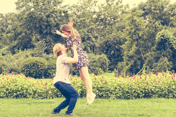 Happy Joyful Teen Couple Having Fun Outdoor Green Park Beautiful — Stock Photo, Image