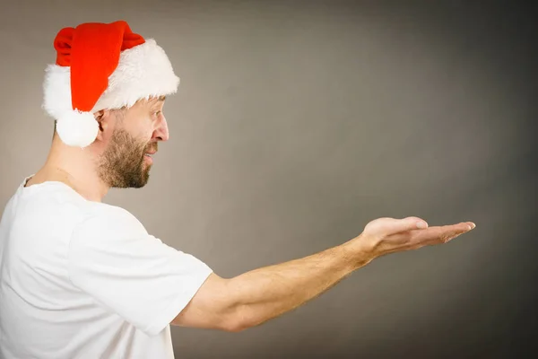 Jul Man Jultomten Hatt Hålla Öppen Hand Palm Med Kopia — Stockfoto