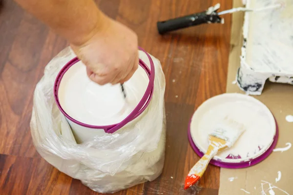 Person Mixing White Paint Bucket Home Renovation Walls Color Change — Stock Photo, Image