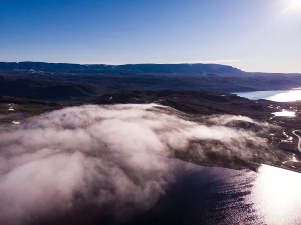 Vista Aerea Altopiano Hardangervidda Paesaggio Norvegese Mattina Nuvole Sull Acqua — Foto Stock