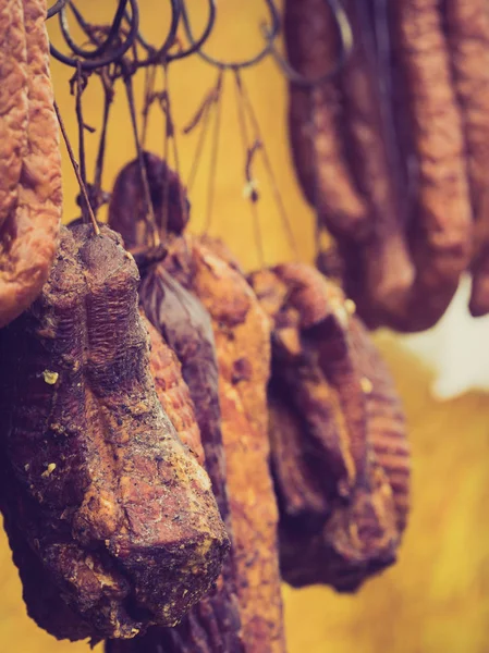 Traditional Food Smoked Sausages Ham Meat Hanging Domestic Smokehouse Strings — Stock Photo, Image