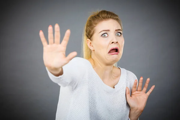 Scared Woman Gesturing Stop Gesture Hands Seeing Something Unpleasant Scary — Stock Photo, Image
