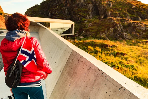 ノルウェーの国旗を掲げる観光客の女性が ノルウェーのヴェスターレン諸島 アンドヤ島のブッケフェルカ島休憩所から海の景色を楽しむ — ストック写真