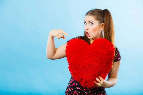 Confident Teenage Woman Holding Heart Shaped Pillow Pointing Valentines Day — Stock Photo, Image