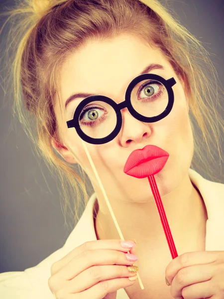 Happy Elegant Woman Holding Carnival Accessoies Stick Having Fun Work — Stock Photo, Image