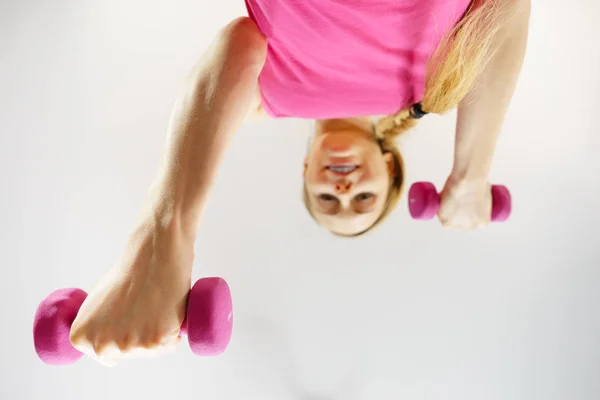 Teenage Young Woman Working Out Home Small Light Dumbbells Training — Stock Photo, Image