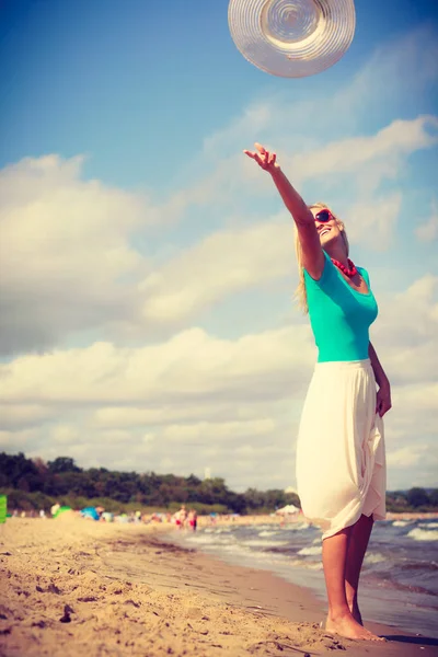 Attractive Blonde Woman Wearing Long Romantic Dress Walking Beach Having — Stock Photo, Image