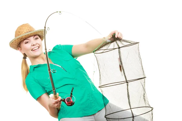 Fiske Kastfiske Utrustning Angling Sport Och Aktivitet Koncept Kvinna Med — Stockfoto