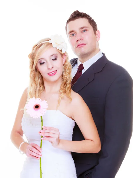 积极关系夫妇概念 幸福的新郎和新娘合影结婚照片等待的大日子 — 图库照片