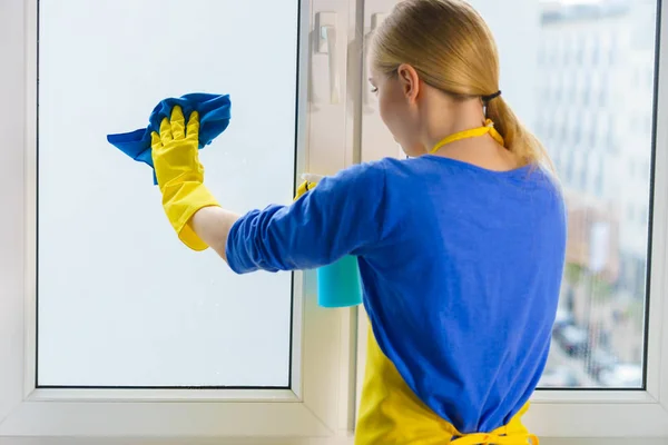 Young Woman Yellow Gloves Cleaning Window Pane Home Rag Spray — Stock Photo, Image