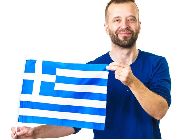 Άνθρωπος Ελληνική Κυματιστή Σημαία Εθνικό Σύμβολο Της Ελλάδας Απομονωμένος Λευκό — Φωτογραφία Αρχείου