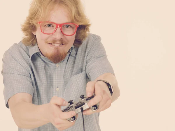 Nerd Geek Young Adult Man Playing Video Console Holding Game — Stock Photo, Image