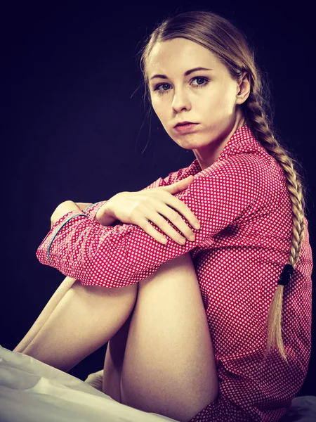 Adolescence Problems Concept Sad Young Teenager Woman Sitting Bed Feeling — Stock Photo, Image