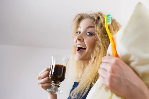 Funny Woman Holding Black Coffee Toothbrush Being Late Getting Morning — Stock Photo, Image
