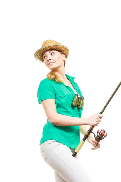 Fishery Spinning Equipment Angling Sport Activity Concept Happy Smiling Woman — Stock Photo, Image