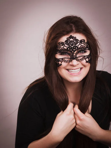 Happy Pretty Mysterious Woman Wearing Black Eye Lace Mask Having — Stock Photo, Image