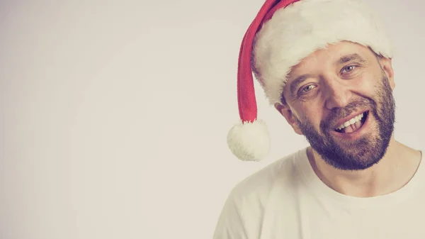 Бородатого Мужчини Носіння Санта Клауса Капелюх Портрет Сірий Копією Простору — стокове фото