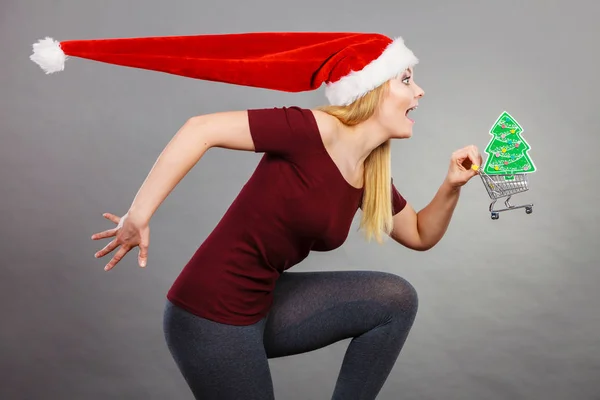 Xmas Seasonal Sales Winter Celebration Concept Happy Woman Wearing Santa — Stock Photo, Image
