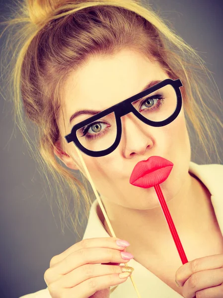 Happy Elegant Woman Holding Carnival Accessoies Stick Having Fun Work — Stock Photo, Image