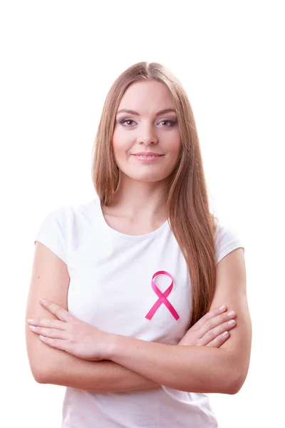 Femme Avec Ruban Rose Cancer Sur Poitrine Santé Médecine Sensibilisation — Photo