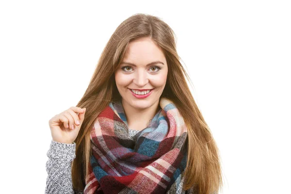 Portrait Long Hair Girl Gray Sweater Warm Woolen Big Scarf — Stock Photo, Image