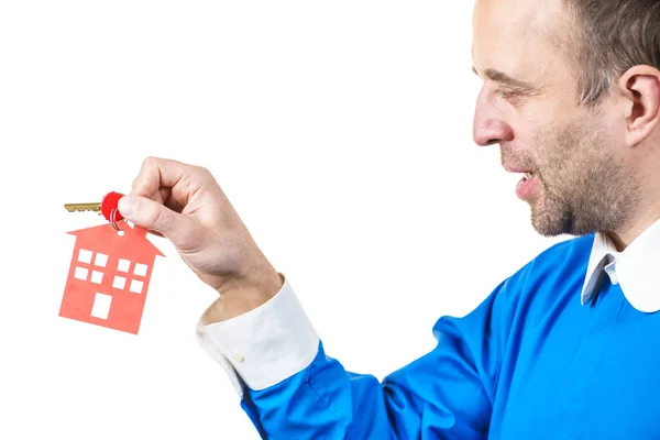 Household Savings Housekeeping Real Estate Concept Happy Man Holding Keys — Stock Photo, Image