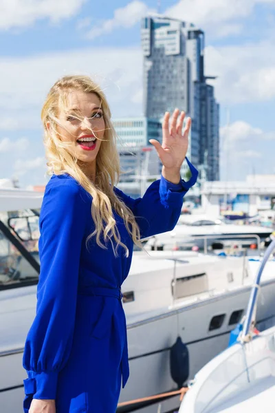 Fashionable Woman Wearing Blue Jumpsuit Shorts Perfect Summer Fashion Model — Stock Photo, Image