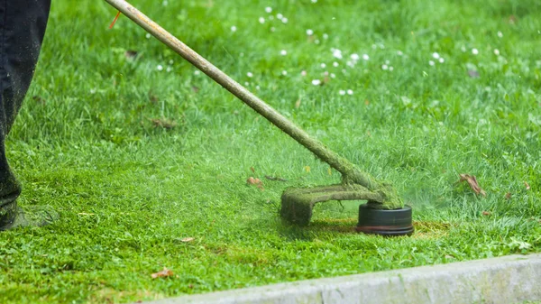 绿草使用 Brushcutter 割草机割草的人 清洗现代对象概念的季节性花园 — 图库照片