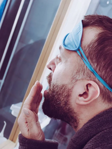 Funny Adult Man Wearing Eyemask Forhead Having Troubles Waking Standing — Stock Photo, Image