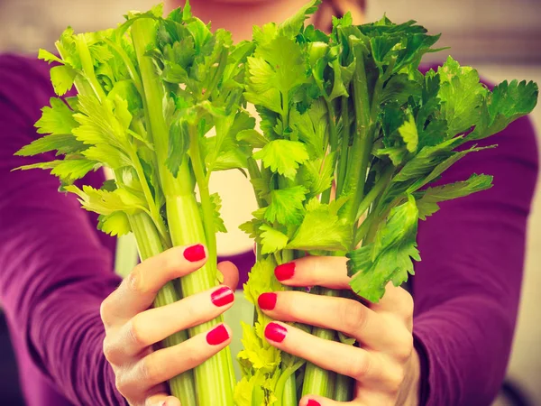 Woman Kitchen Holding Green Fresh Stemmed Celery Young Housewife Cooking — Stock Photo, Image