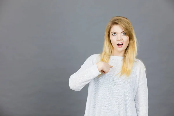 Confused Young Blonde Woman Gesturing Hands Confusion Face Expressions Concept — Stock Photo, Image