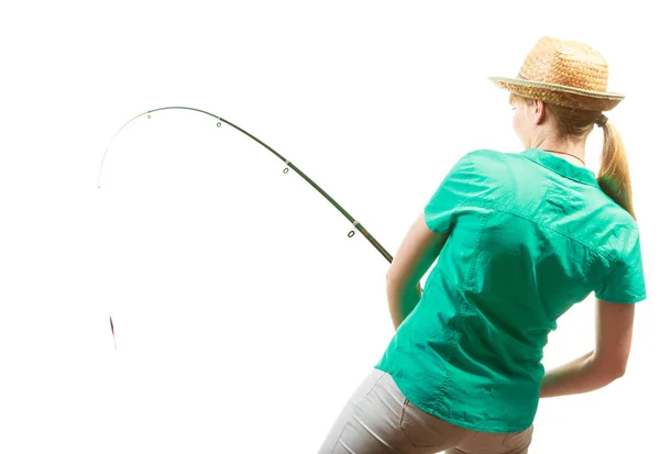 Pesca Equipo Spinning Pesca Deportiva Concepto Actividad Mujer Con Caña — Foto de Stock