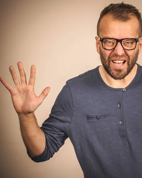 Funny Adult Man Wearing Eyeglasses Guy Folling Gesturing Hands Trying — Stock Photo, Image