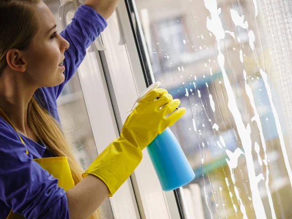 Young Woman Yellow Gloves Cleaning Window Pane Home Rag Spray — Stock Photo, Image
