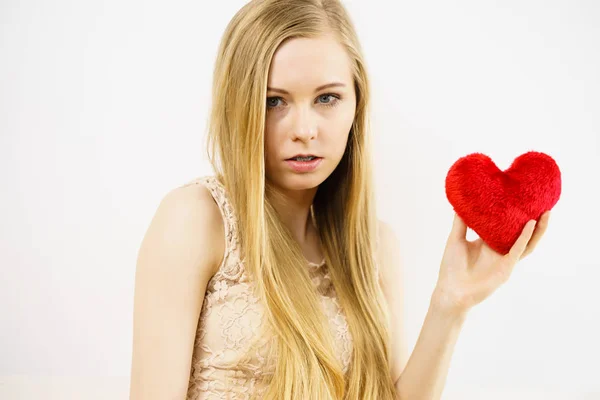 Sad Lonely Woman Being Alone Holding Red Heart Shape Female — Stock Photo, Image