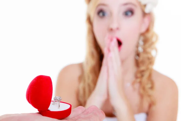 Marriage Proposal Future Wife Concept Man Proposes Shocked Woman Showing — Stock Photo, Image