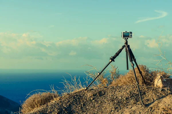 Camera Taking Film Video Shooting Images Pictures Sea Coastline Greece — Stock Photo, Image