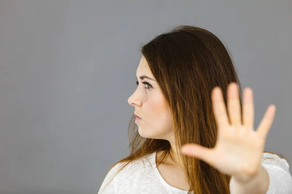 Angry Apodicticity Woman Showing Stop Sign Gesture Open Hand Denying — Stock Photo, Image