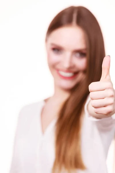 Symbols Gestures Signs Concept Happy Positive Brunette Woman Showing Thumb — Stock Photo, Image