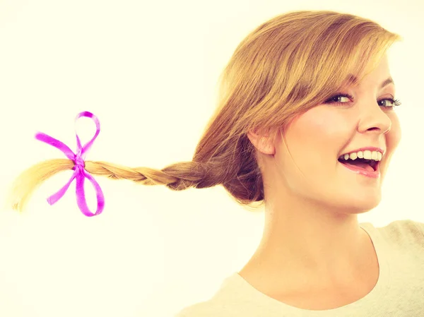 Face Expression Happiness Concept Teenage Girl Blonde Braid Windblown Hair — Stock Photo, Image