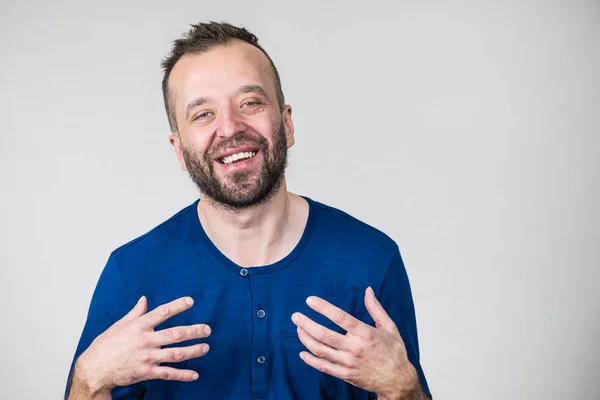 Funny Adult Man Guy Folling Gesturing Hands Positive Emotions Concept — Stock Photo, Image