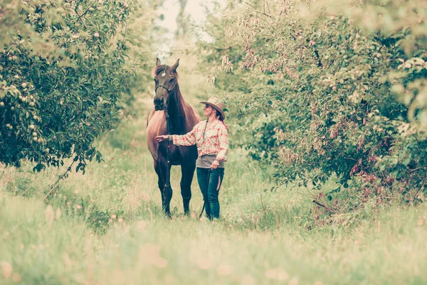 Dierlijke Menselijke Liefde Paardenconcept Westerse Vrouw Wandelen Groene Weide Bos — Stockfoto