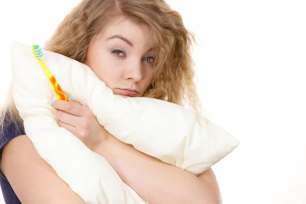 Sleepy Woman Blonde Tangled Hair Hugging White Pillow Holding Toothbrush — Stock Photo, Image